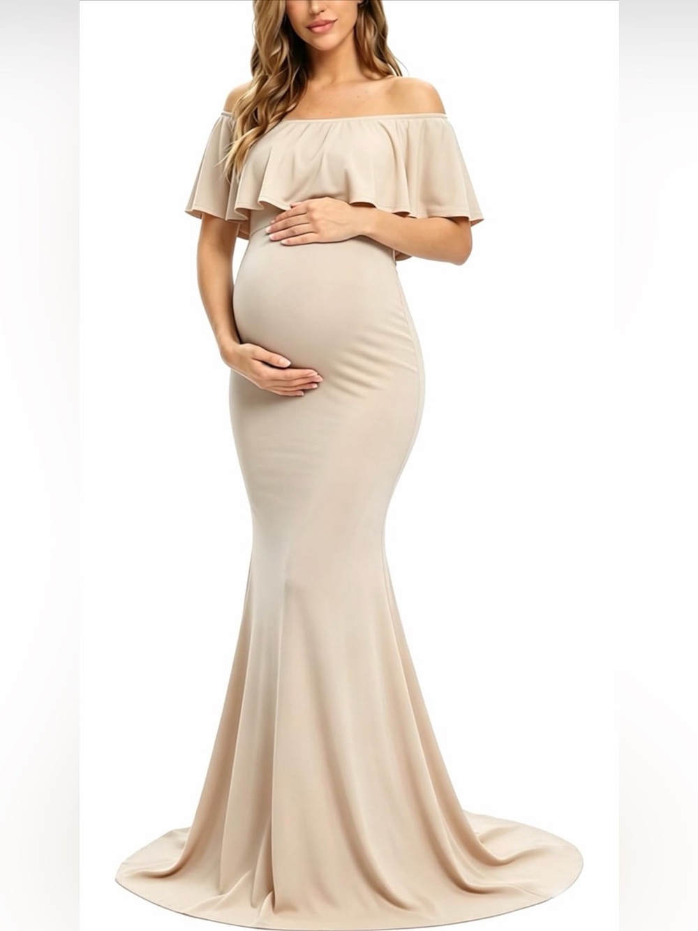 NWOT Off-Shoulder Beige Maternity Mermaid Dress, XXL